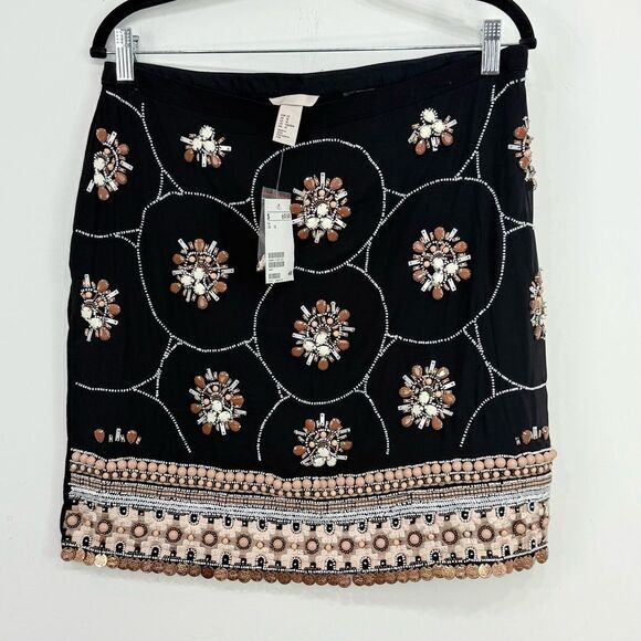 H&M Black Tan Cream Embroidered Beaded Jewel Embellished Tribal Mini Skirt NEW - Picture 4 of 15